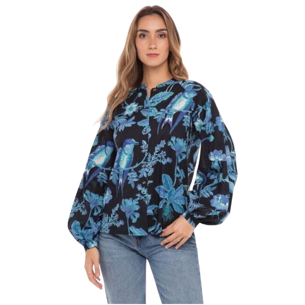 Banjanan Ella Shirt Woden Hedgerow Floral Bird Blouse Long Sleeve Blue Medium